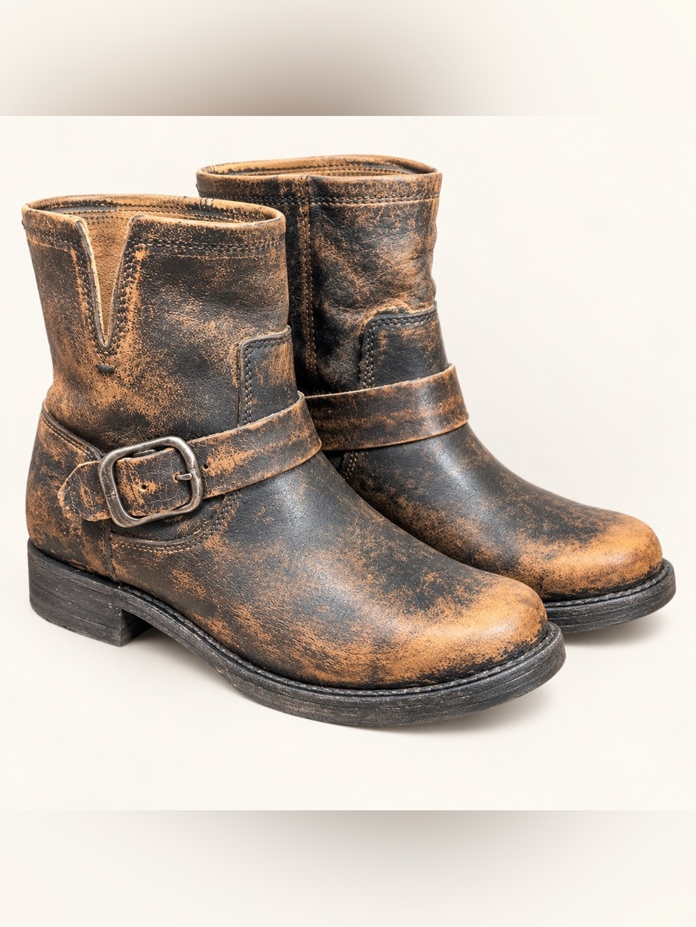 Frye Veronica Bootie Distressed Brown Leather Moto Engineer Boots 6.5B

Descript